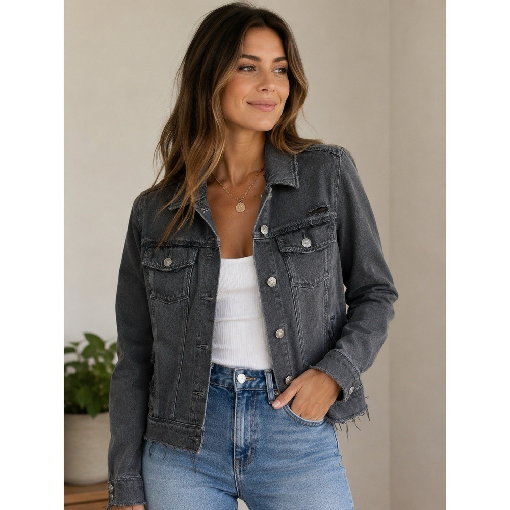 Paige Denim Jacket Black Frayed Hem Distressed Sz S Goth Streetwear Moto Rock
